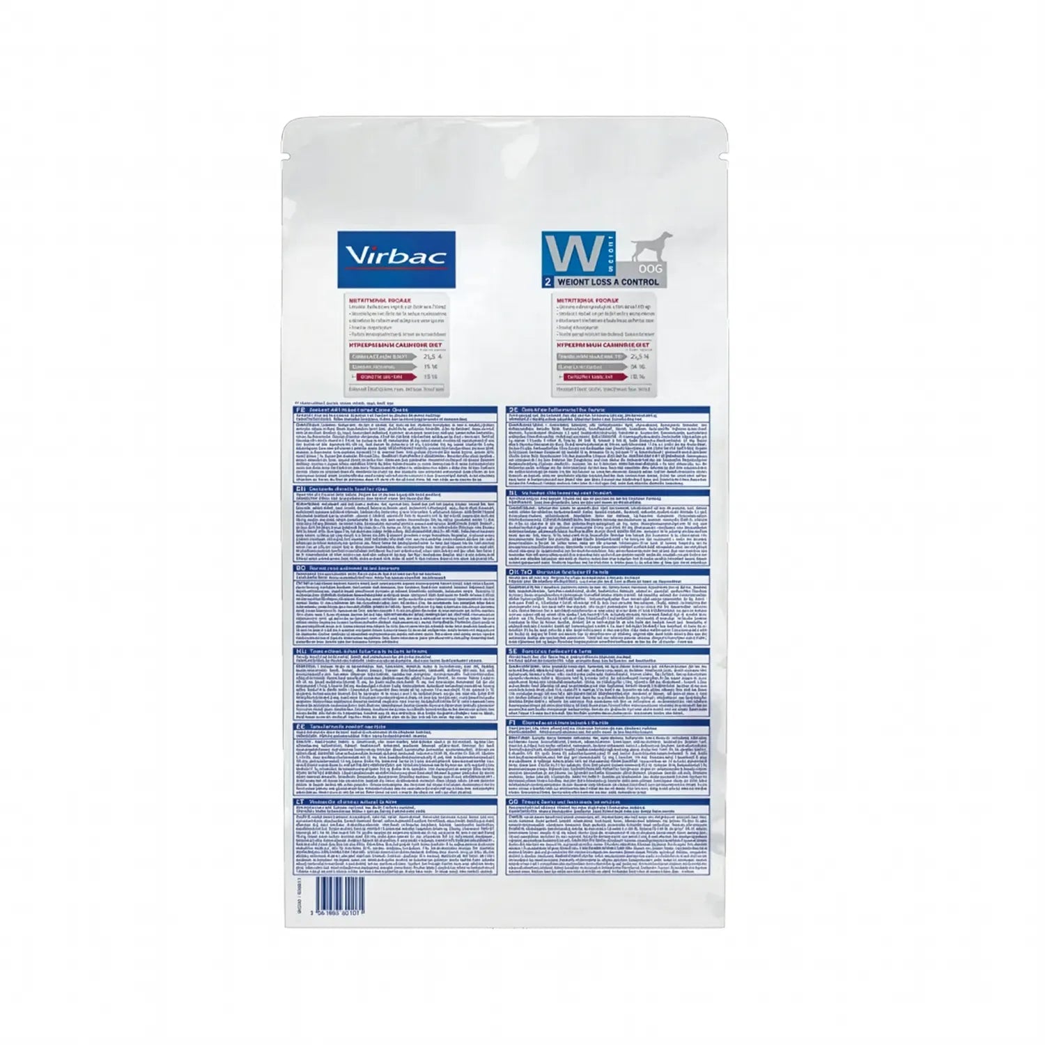 Perro Weight Loss & Control Virbac HPM, alimento clínico para pérdida de peso y control en perros, diseño blanco y azul.