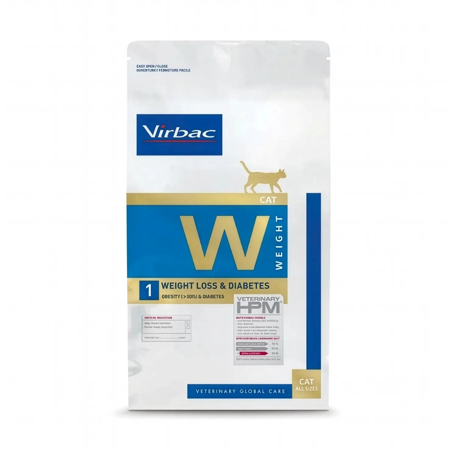Gato Weight Loss & Diabetes Virbac HPM alimento clínico, bolsa blanca con franja azul, control de peso y diabetes en gatos.