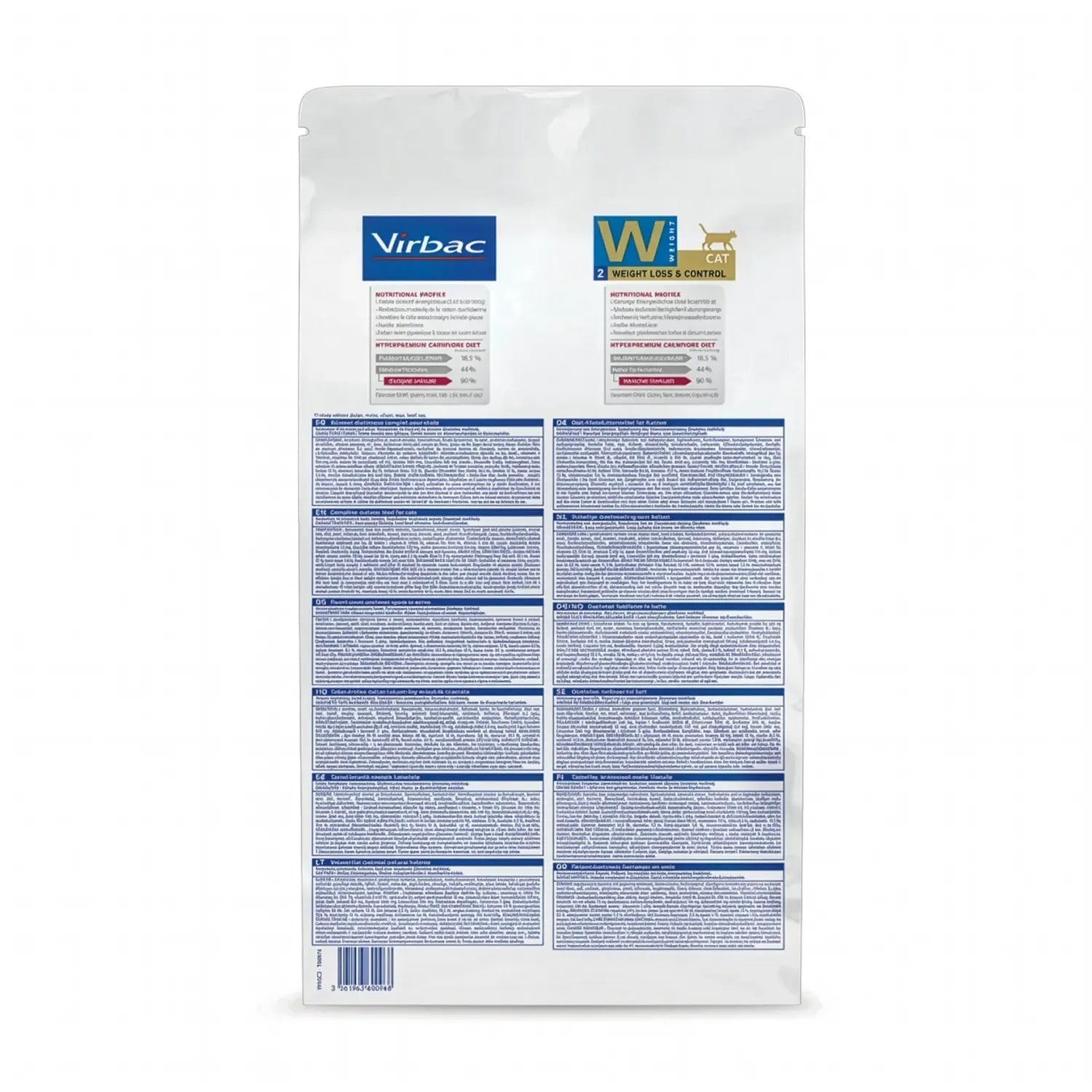 Gato Weight Loss & Control Virbac HPM alimento seco veterinario, bolsa blanca con azul para control de peso en gatos.