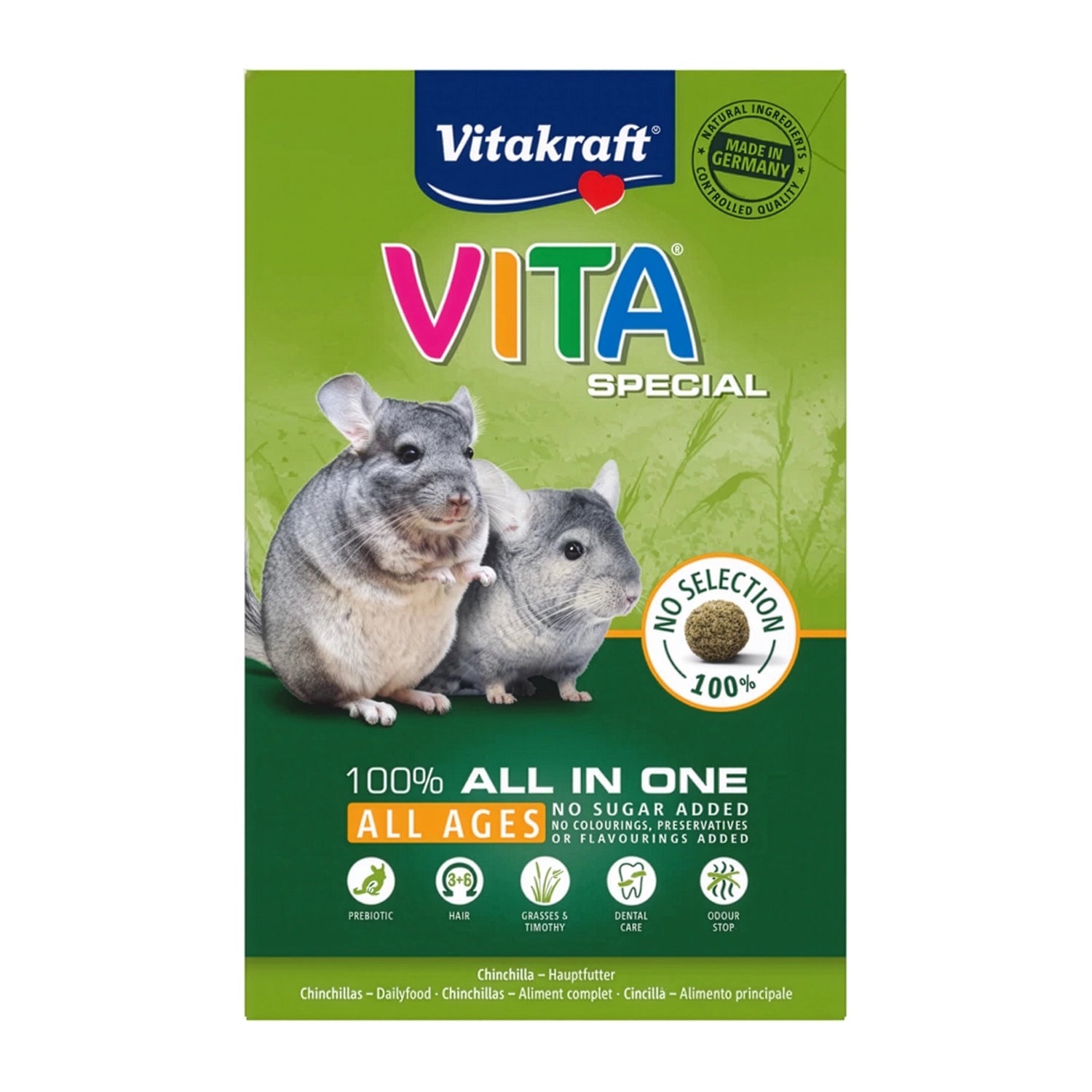 Vitakraft Vita Special para Chinchillas, alimento all in one para todas las edades con dos chinchillas en envase verde.