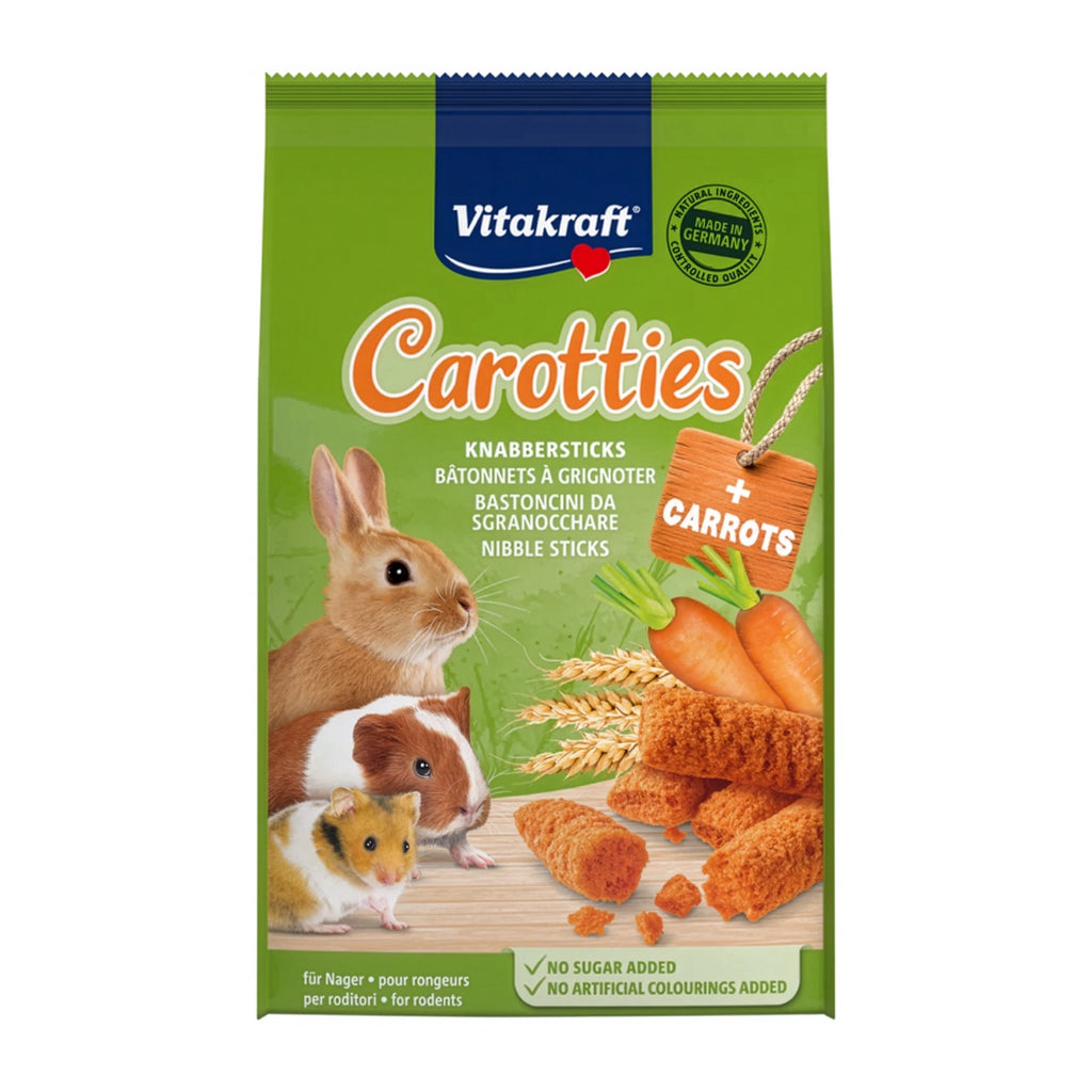 Vitakraft Snack Carotties para Pequeños Animales, snack crujiente con zanahoria para conejos, cobayas y hámsters en bolsa verde.