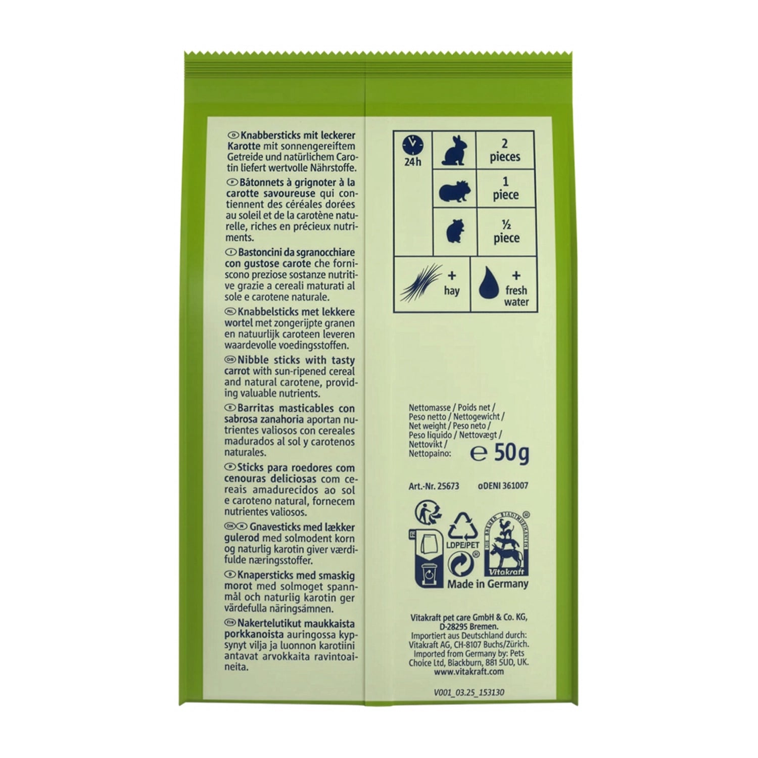 Vitakraft Snack Carotties para Pequeños Animales, snack crujiente con zanahoria para conejos, cobayas y hámsters en bolsa verde.