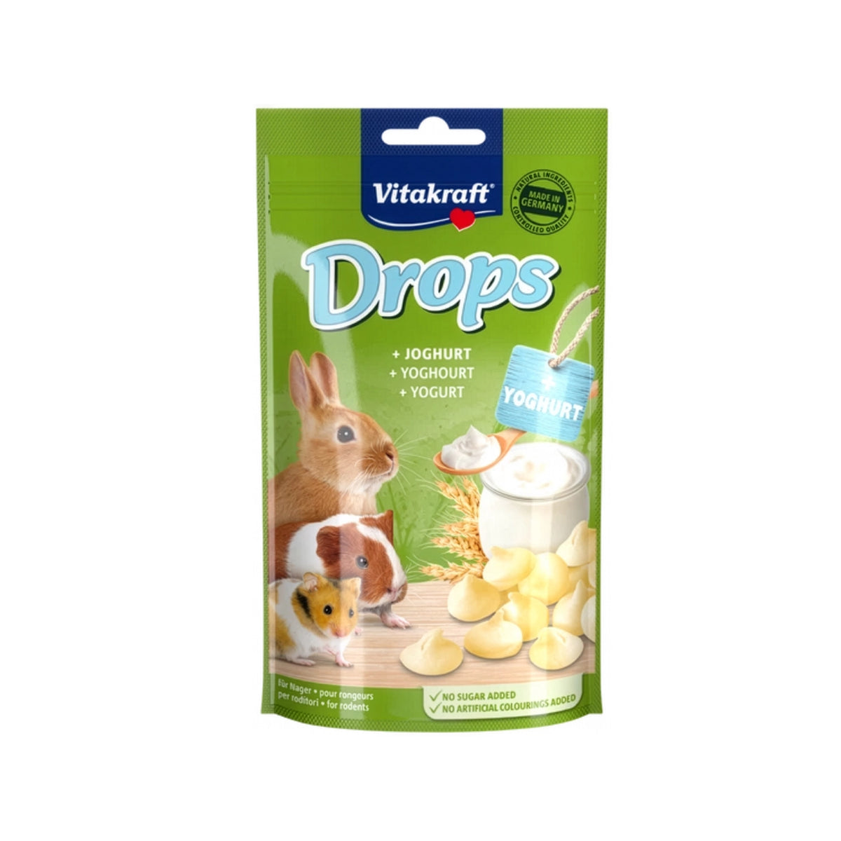 Vitakraft Drops Yogur para Pequeños Animales, snacks de yogur para conejos, cobayas y hámsters en envase verde.
