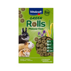 Vitakraft Snack Green Rolls para Pequeños Animales con pellets verdes y conejo, hámster y cobayo en el envase.