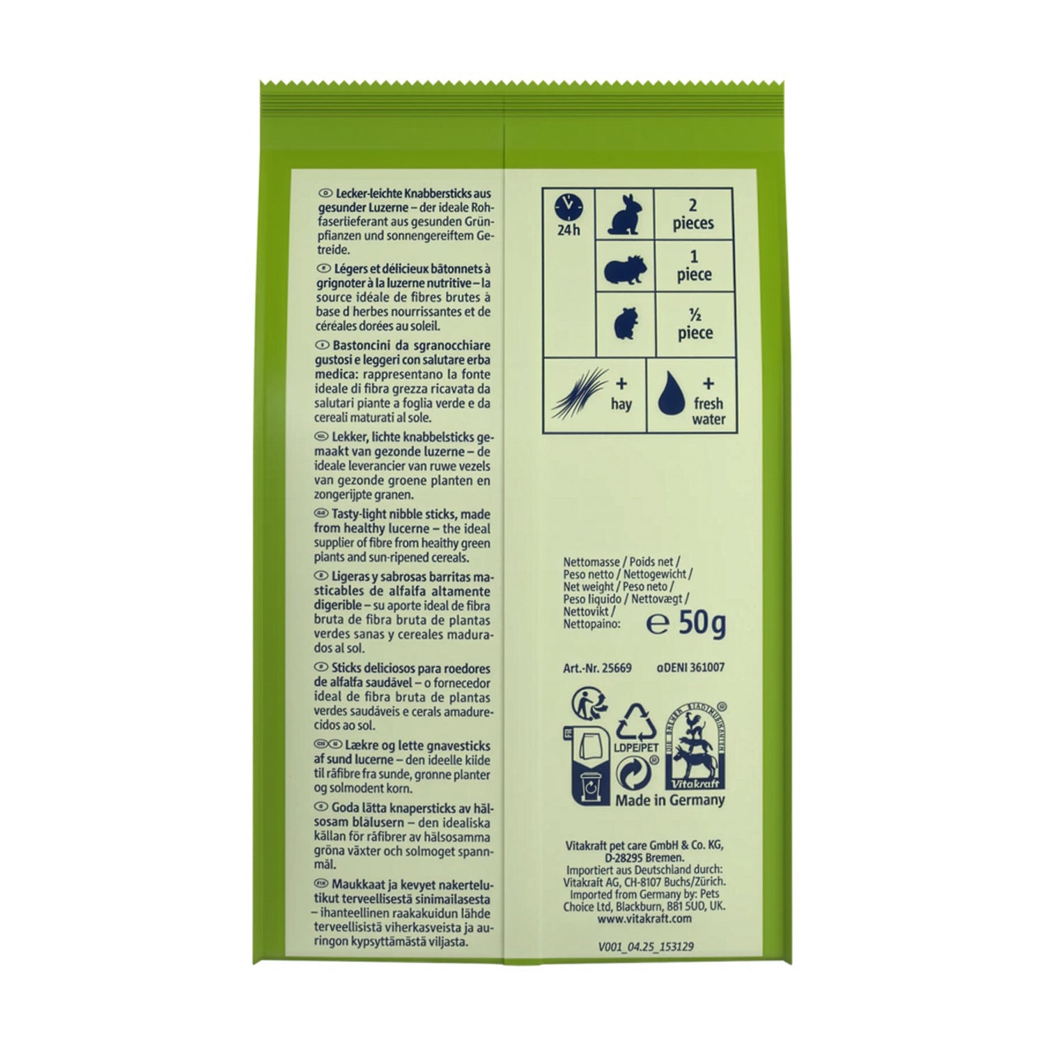 Vitakraft Snack Grünlinge para Pequeños Animales con palitos de alfalfa, conejo, cobayo y hámster en envase verde.