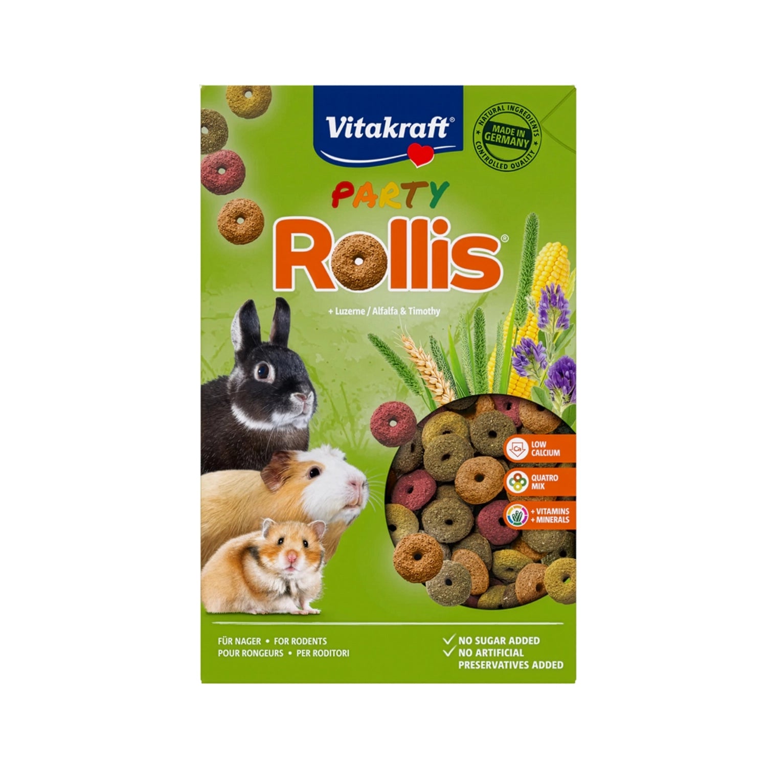 Vitakraft Snack Rollis Party para Pequeños Animales con rollos multicolor y conejo, cobayo y hámster en envase.