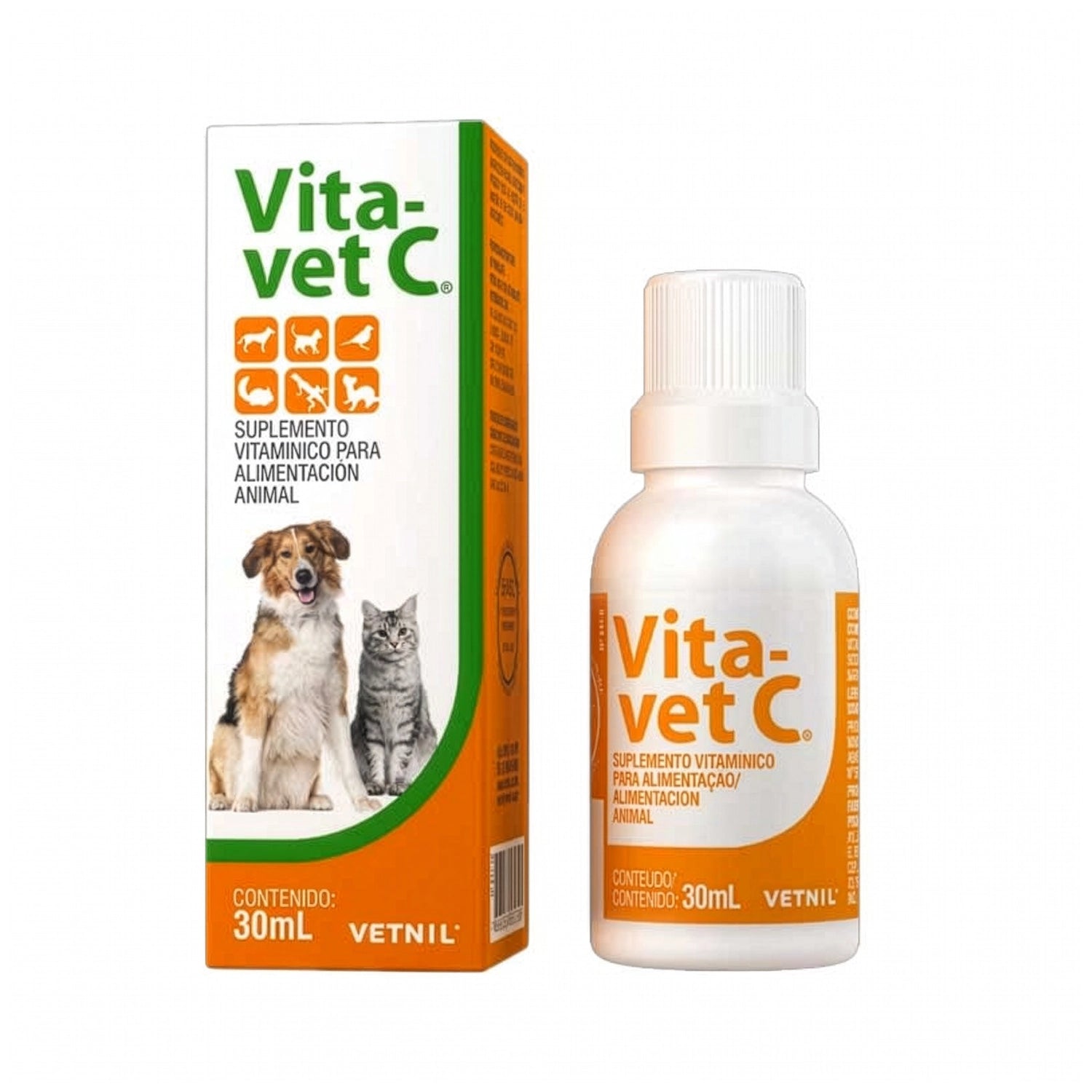 Suplemento Vita-vet C 30 ml en frasco y caja con vitaminas para perros y gatos de uso veterinario diario.
