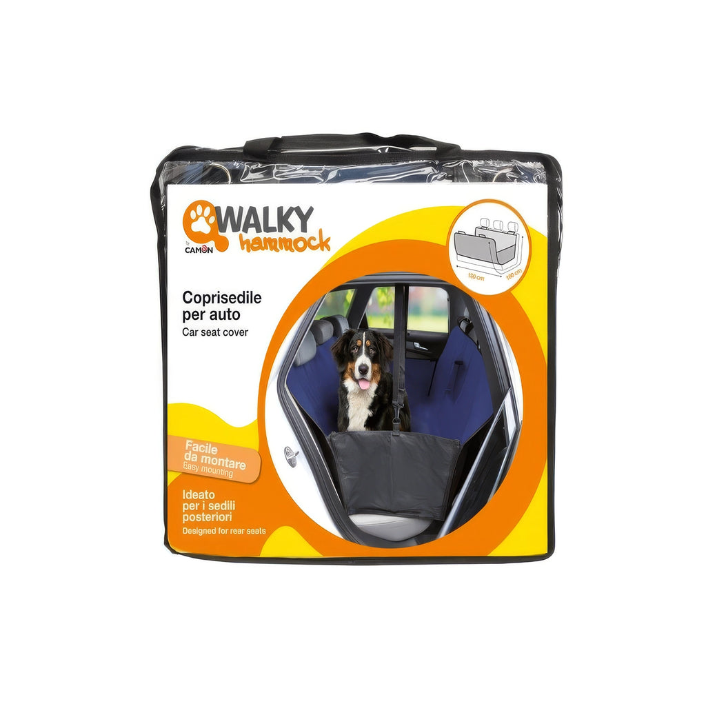 Protector de Asiento para Auto "walky Hammock" Camon en su empaque, funda para asiento trasero con diseño tipo hamaca para perros.