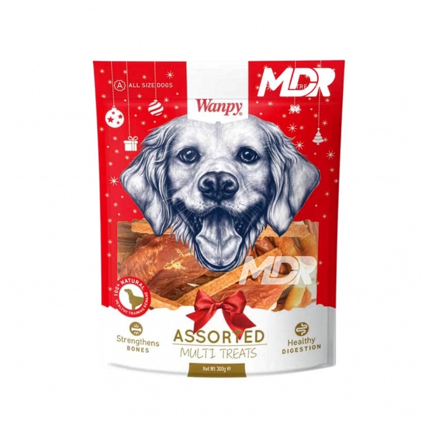 Snack Wanpy "Assorted Multi Treats" para Perros, bolsa de 300 g con variedad de premios naturales y diseño rojo con imagen de perro.