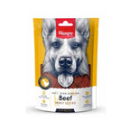 Snack Wanpy "Jerky Slices" Vacuno para perros, bolsa amarilla de 100 g con tiras de carne y diseño frontal con imagen de perro.