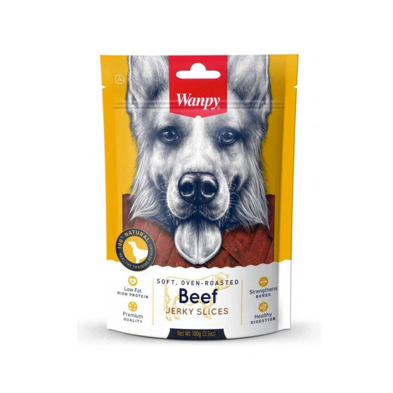 Snack Wanpy "Jerky Slices" Vacuno para perros, bolsa amarilla de 100 g con tiras de carne y diseño frontal con imagen de perro.