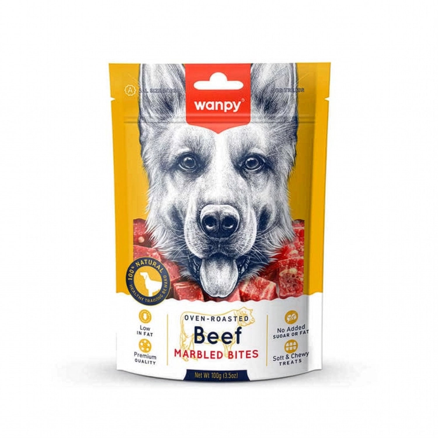 Snack Wanpy "Marbled Bites" Vacuno para Perros, bolsa amarilla de 100 g con bocados de carne y una ilustración de perro.
