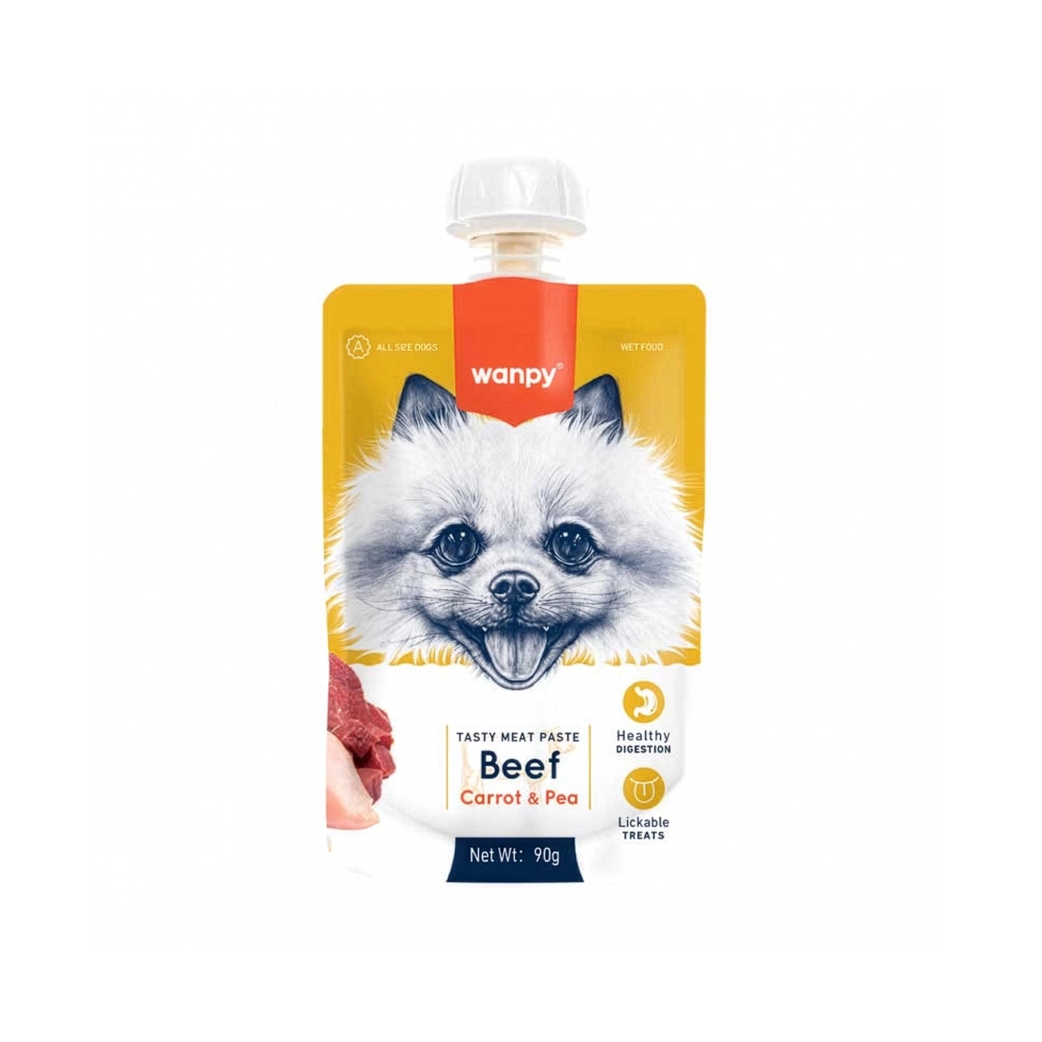 Wanpy Tasty Meat Paste Vacuno para Perros en pouch de 90 g, con zanahoria y arvejas, alimento húmedo de textura cremosa.
