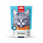 Wanpy Snack Pollo Jerky Strips para Gatos, bolsa azul con ilustración de gato y tiras de pollo horneadas como premio natural.