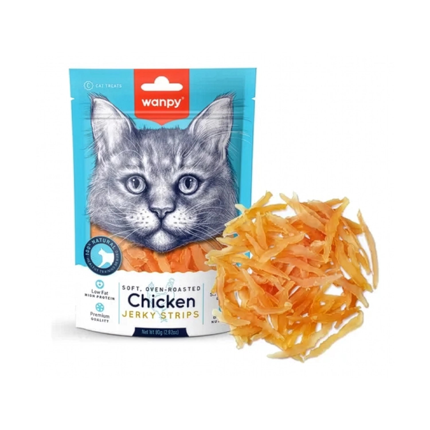 Wanpy Snack Pollo Jerky Strips para Gatos, bolsa azul con ilustración de gato y tiras de pollo horneadas como premio natural.