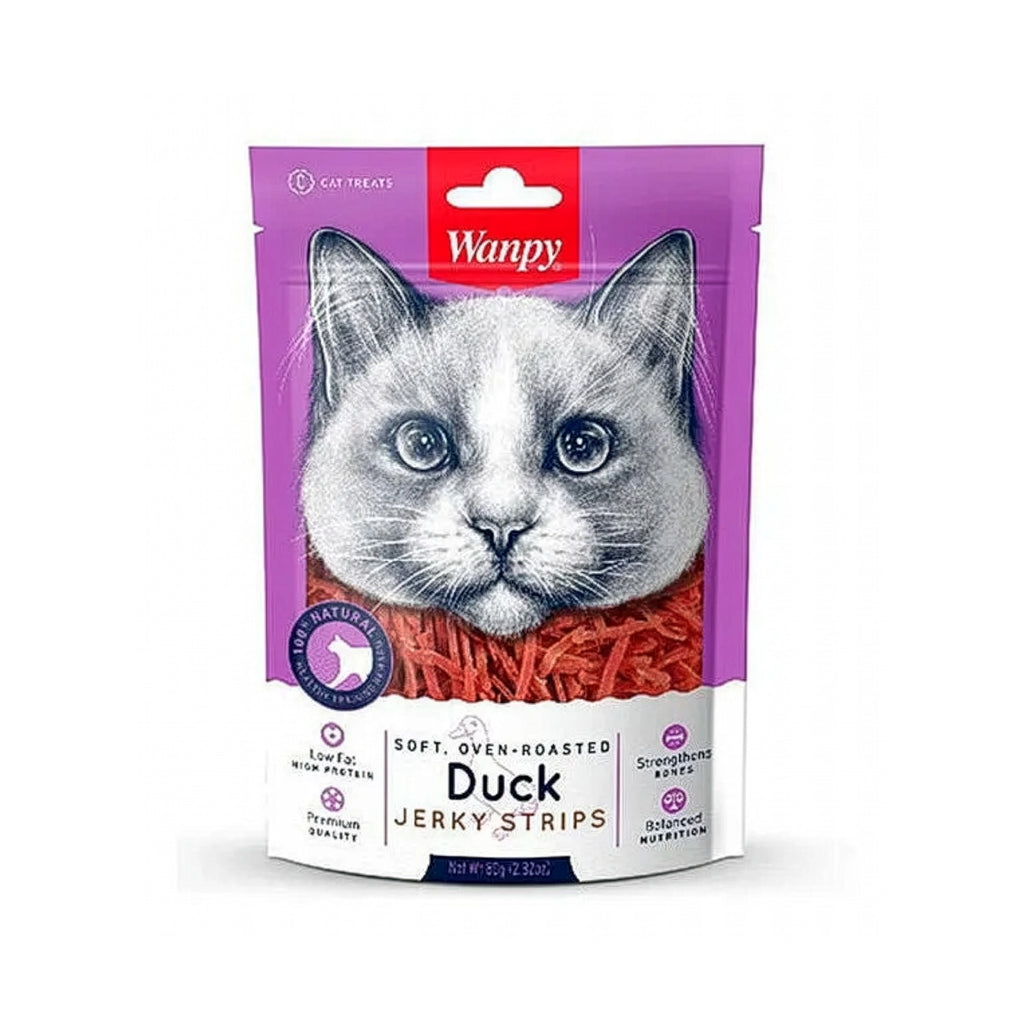 Snack Wanpy "Jerky Strips" Pato Gatos, bolsa morada con ilustración de gato y suaves tiras de pato horneadas como premio.