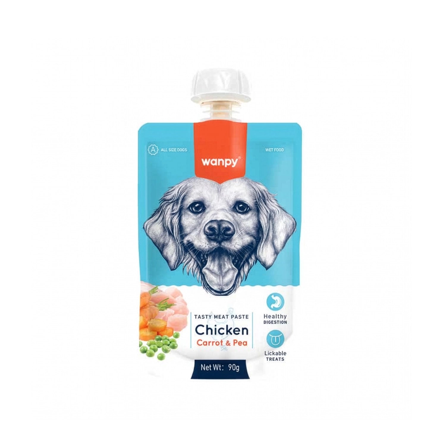 Wanpy Tasty Meat Paste Pollo para Perros en pouch de 90 g, con zanahoria y arvejas, alimento húmedo de textura cremosa.