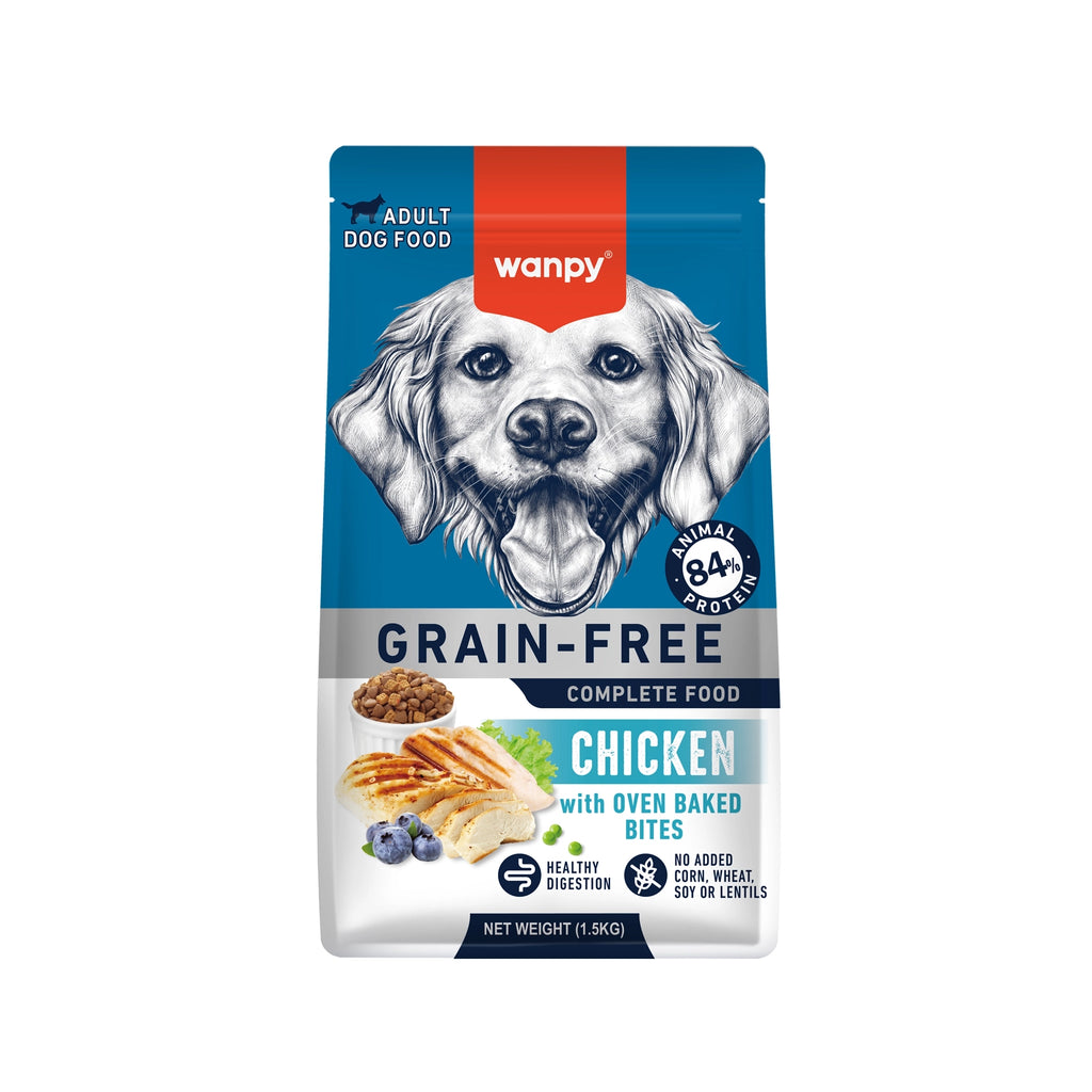 Wanpy Alimento Pollo para Perros adultos, fórmula grain-free con 84% de proteína animal y bocados de pollo horneados.