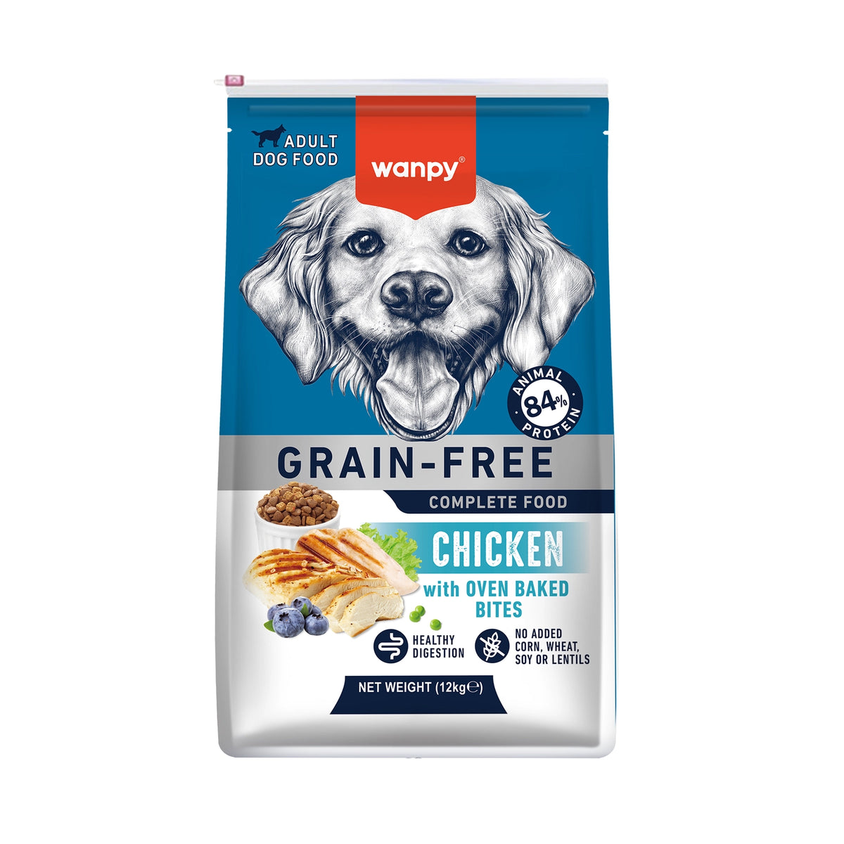 Wanpy Alimento Pollo para Perros adultos, fórmula grain-free con 84% de proteína animal y bocados de pollo horneados.