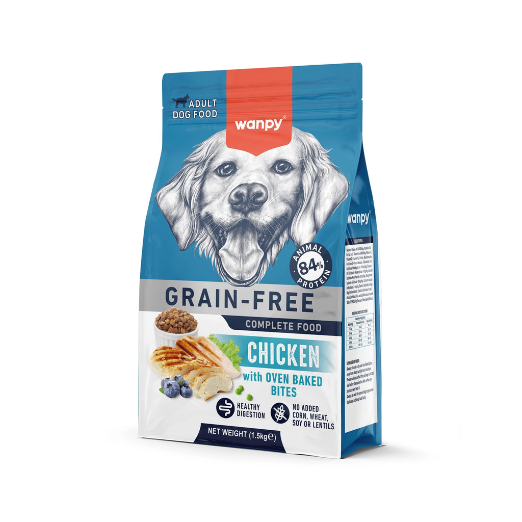 Wanpy Alimento Pollo para Perros adultos, fórmula grain-free con 84% de proteína animal y bocados de pollo horneados.