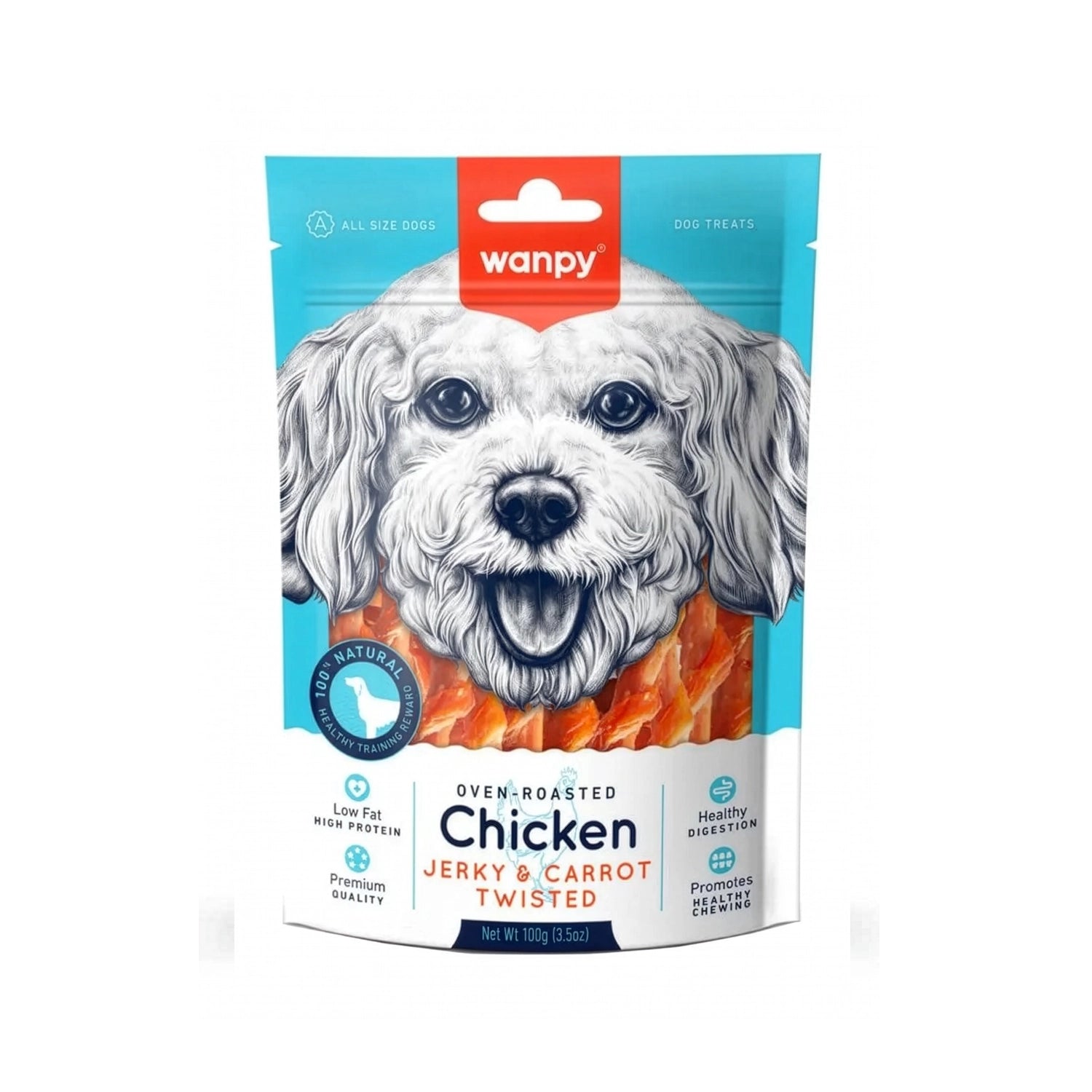 Snack Wanpy "Jerky & Carrot Twisted" Pollo para Perros, bolsa azul de 100 g con tiras trenzadas de pollo y zanahoria.