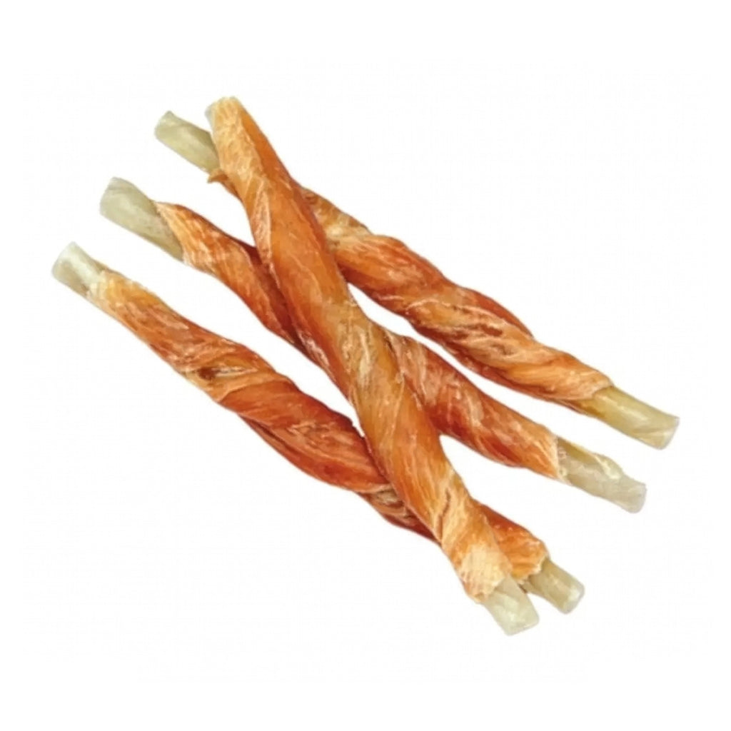Snack Wanpy "Jerky & Carrot Twisted" Pollo para Perros, bolsa azul de 100 g con tiras trenzadas de pollo y zanahoria.