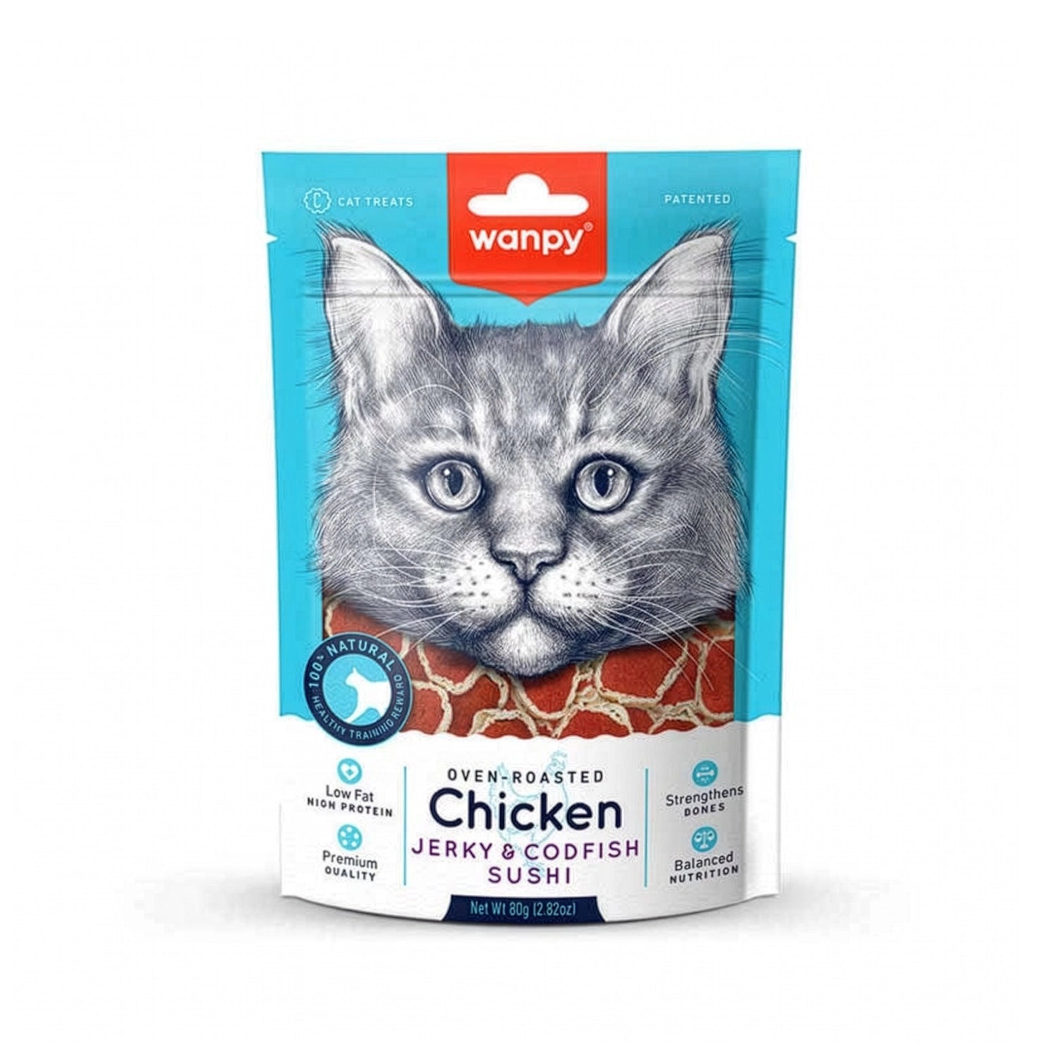 Snack Wanpy "Jerky & Codfish Sushi" Pollo para Gatos, bocados de pollo y bacalao horneados, en bolsa azul de 80 g.