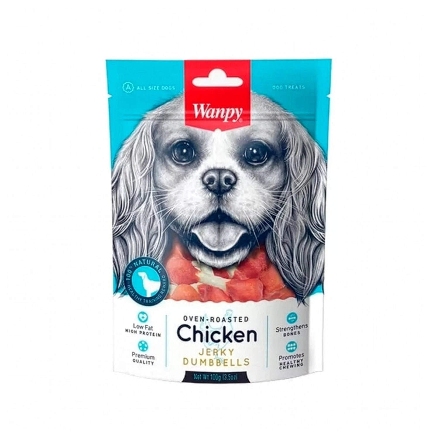 Snack Wanpy "Jerky Dumbells" Pollo para Perros, bocados horneados en forma de mancuerna, bajos en grasa, en bolsa de 100 g.