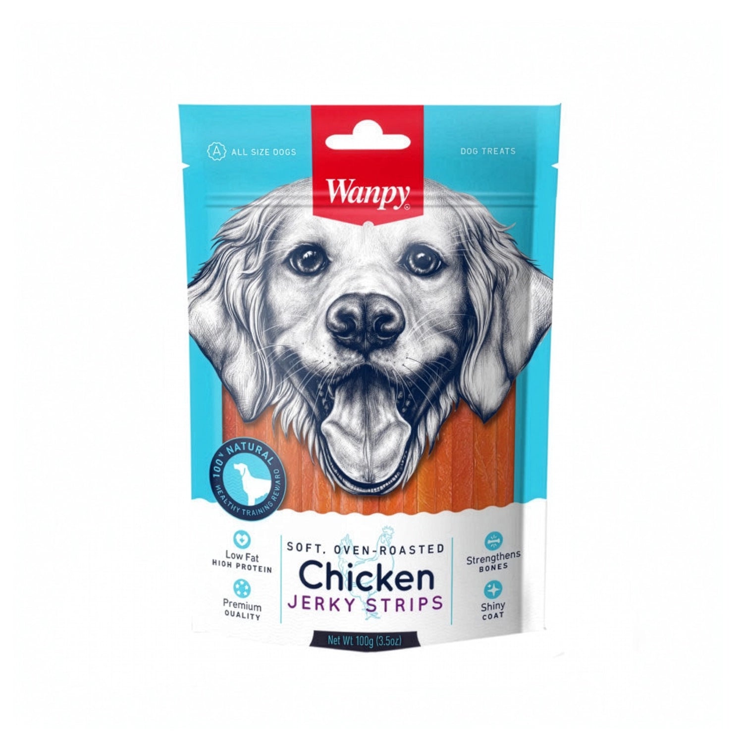 Snack Wanpy "Jerky Strips" Pollo para Perros, tiras suaves horneadas con alto contenido de proteína, en envase de 100 g.