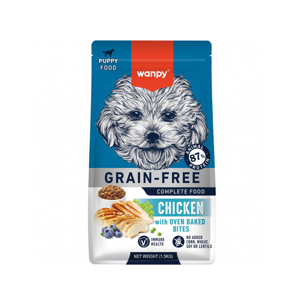 Wanpy Alimento Pollo para Cachorros, fórmula grain free con 87% de proteína animal y bocados horneados, en bolsa de 1,5 kg.