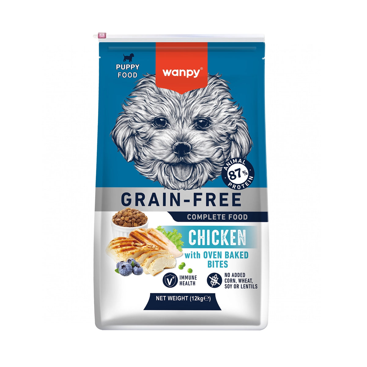 Wanpy Alimento Pollo para Cachorros, fórmula grain free con 87% de proteína animal y bocados horneados, en bolsa de 12 kg.