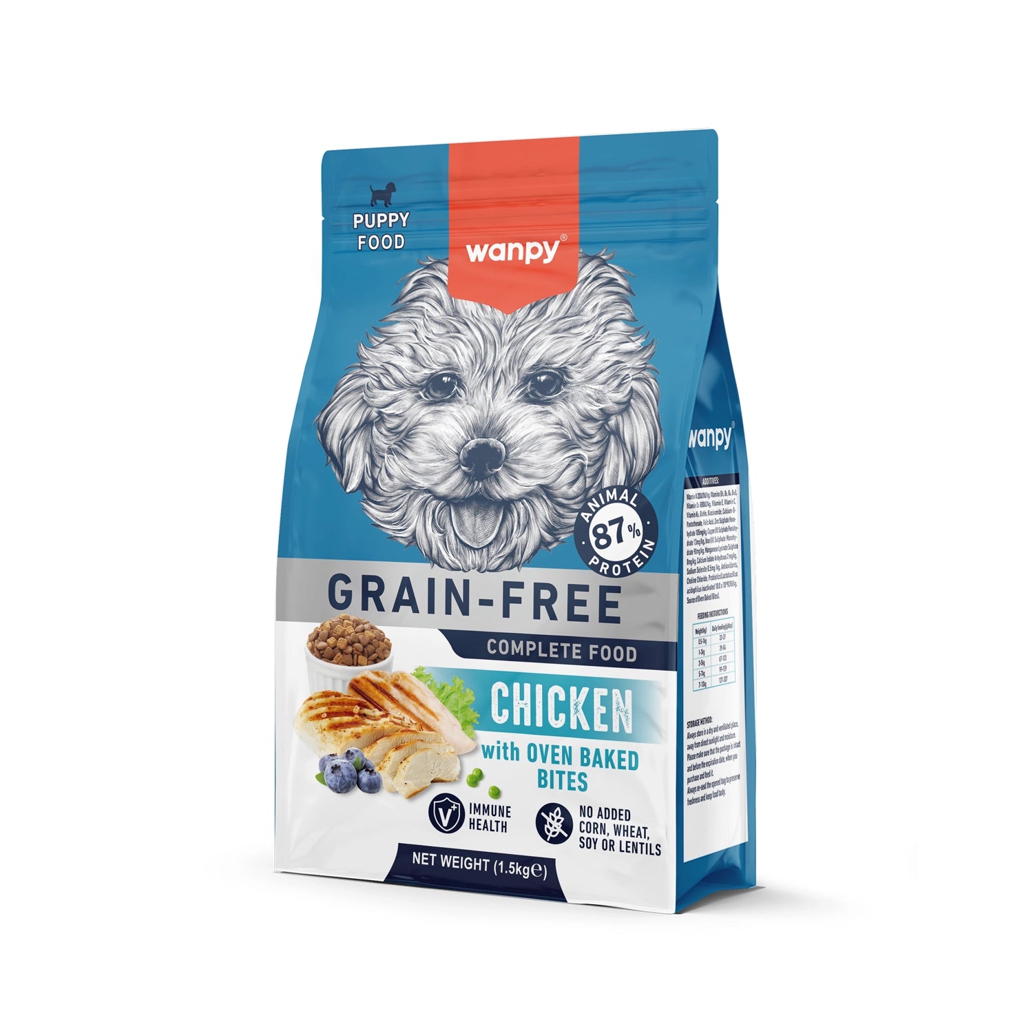 Wanpy Alimento Pollo para Cachorros, fórmula grain free con 87% de proteína animal y bocados horneados, en bolsa de 1,5 kg.