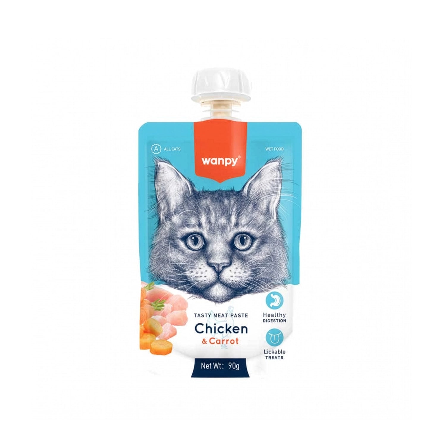 Wanpy Tasty Meat Paste Pollo para Gatos en pouch de 90 g con zanahoria, alimento húmedo cremoso y fácil de lamer