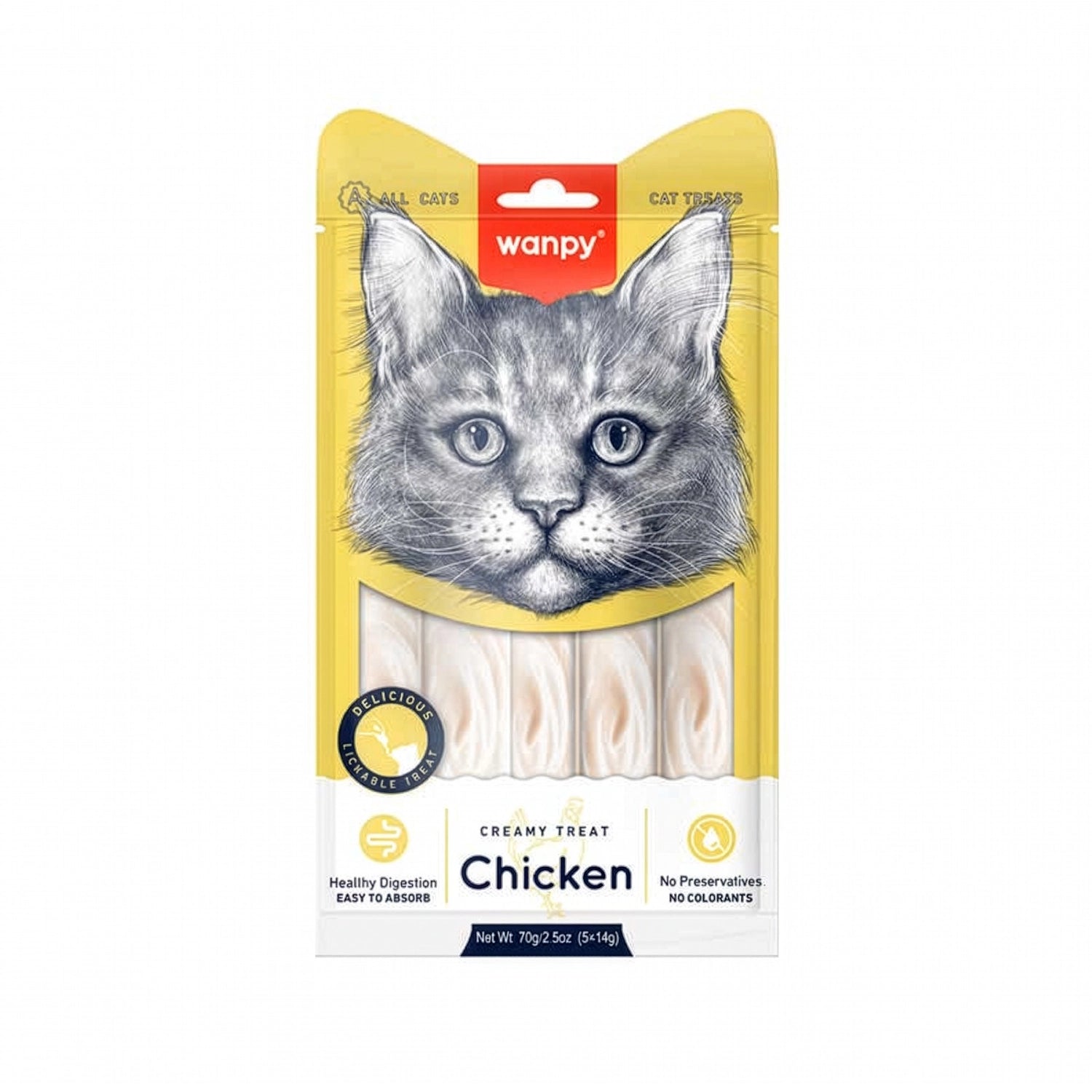 Snack Wanpy "Creamy Treat" Pollo para Gatos, premio cremoso y lamible en cinco sobres individuales, presentado en envase de 70 g.