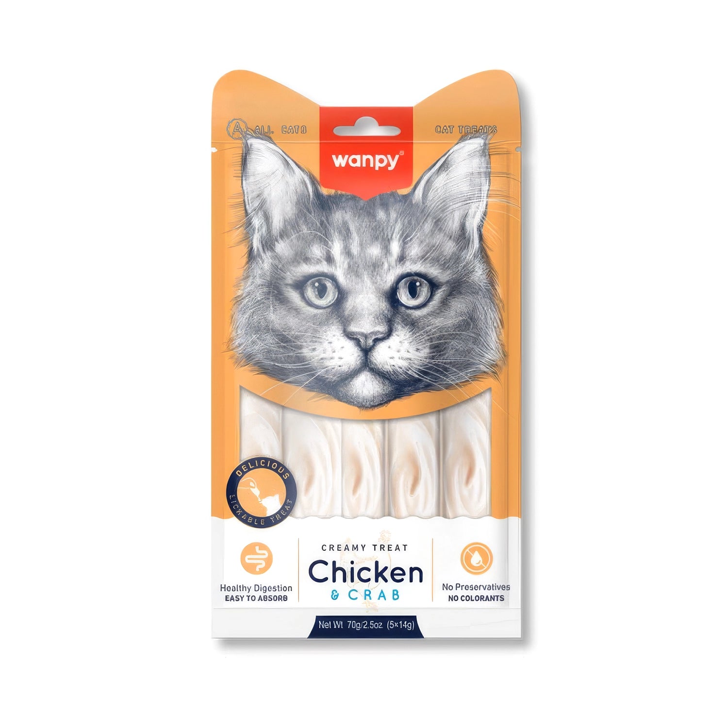 Snack Wanpy "Creamy Treat" Pollo y Cangrejo para Gatos, snack cremoso en sobres individuales, de fácil digestión y sin preservantes.