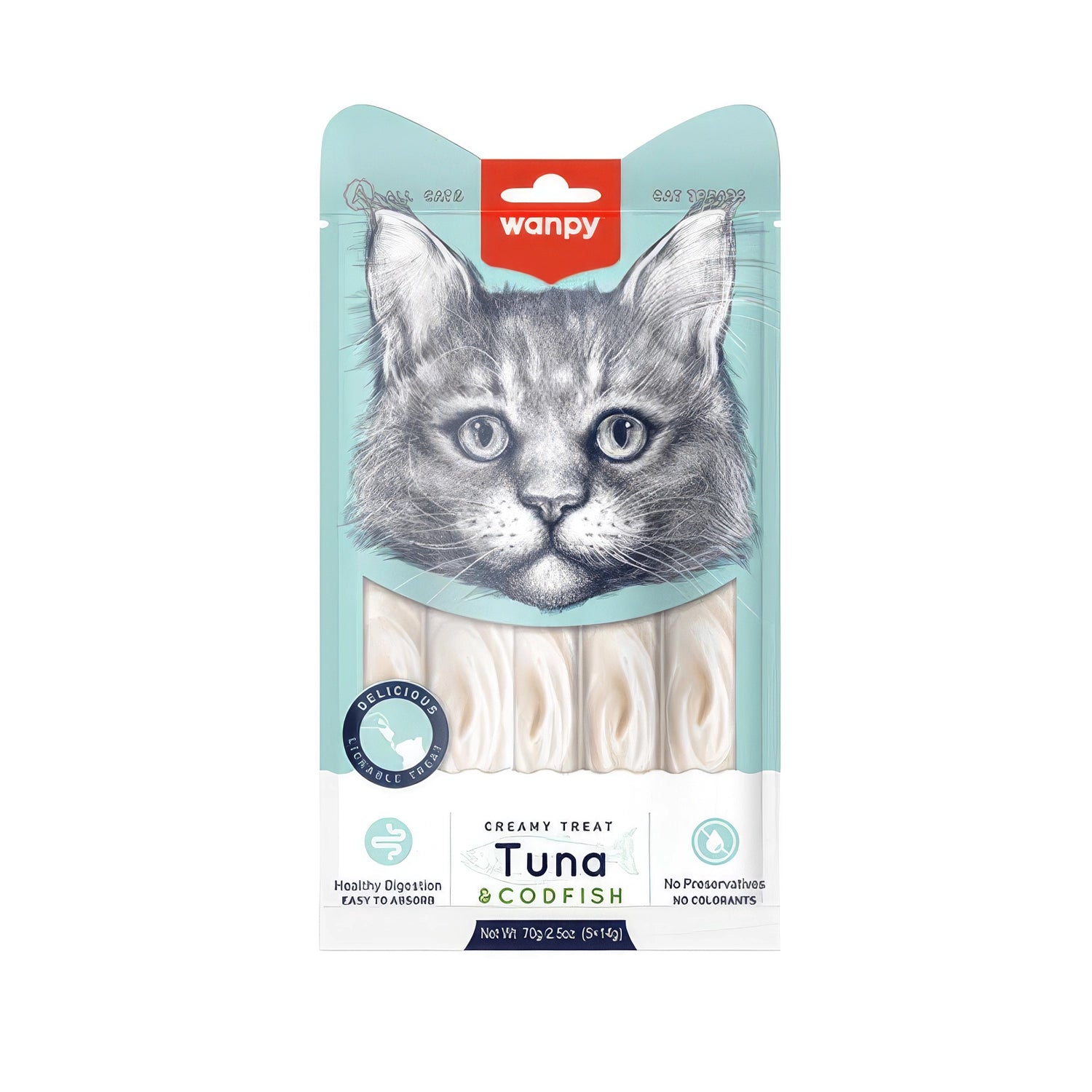 Snack Wanpy "Creamy Treat" Atún y Bacalao para Gatos, snack cremoso en sobres individuales, de fácil digestión y sin preservantes.