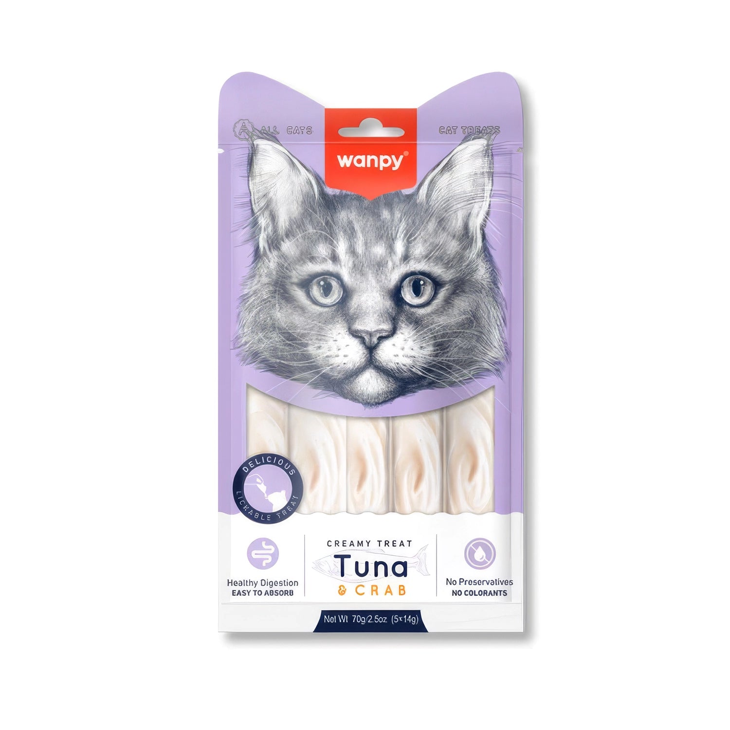 Snack Wanpy "Creamy Treat" Atún y Cangrejo para Gatos, snack cremoso en sobres individuales, de fácil digestión y sin preservantes.