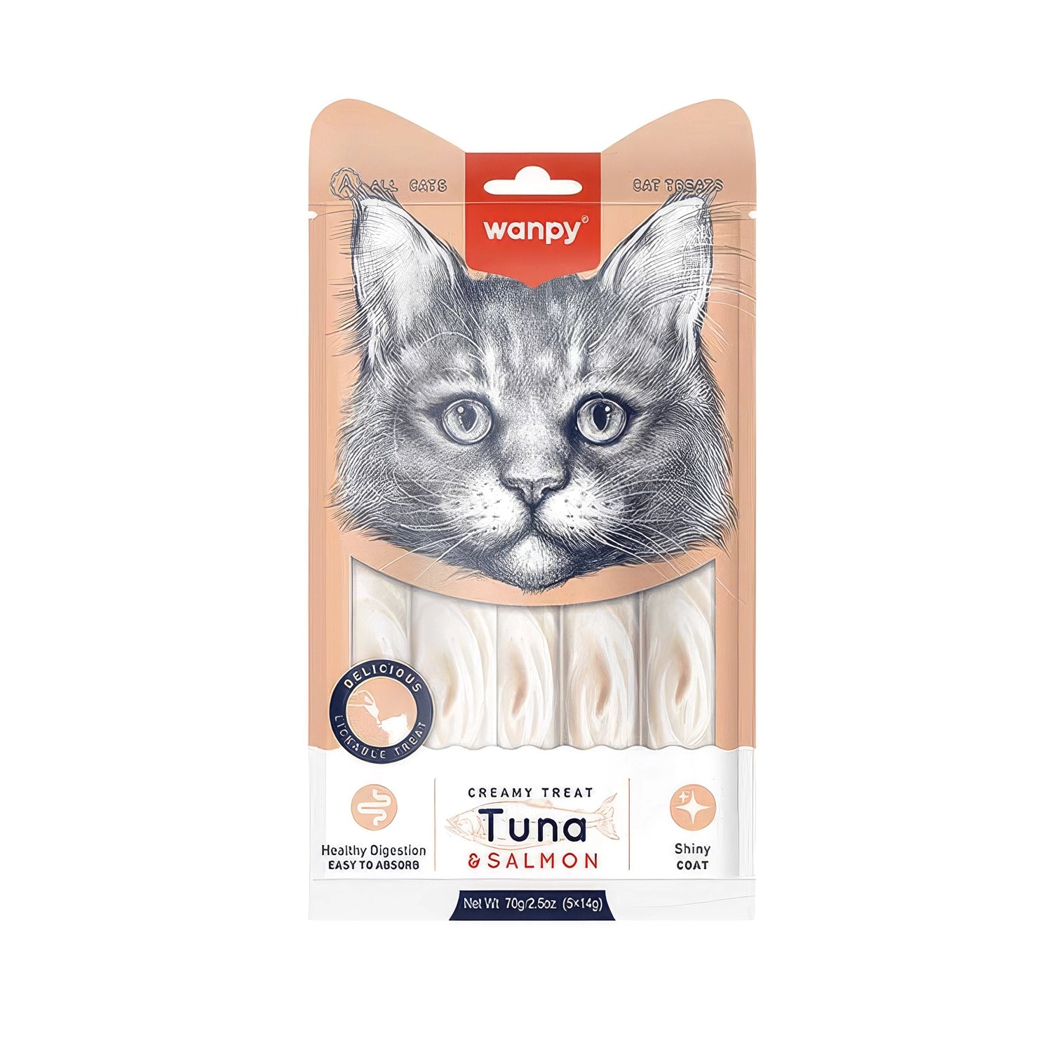 Snack Wanpy "Creamy Treat" Atún y Salmón para Gatos, pack de 5 sobres cremosos de 14 g con envase naranja y diseño de gato.