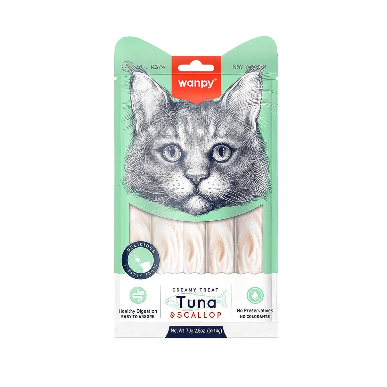 Snack Wanpy "Creamy Treat" Atún y Ostión para Gatos, pack de 5 sobres cremosos de fácil digestión y sin preservantes.