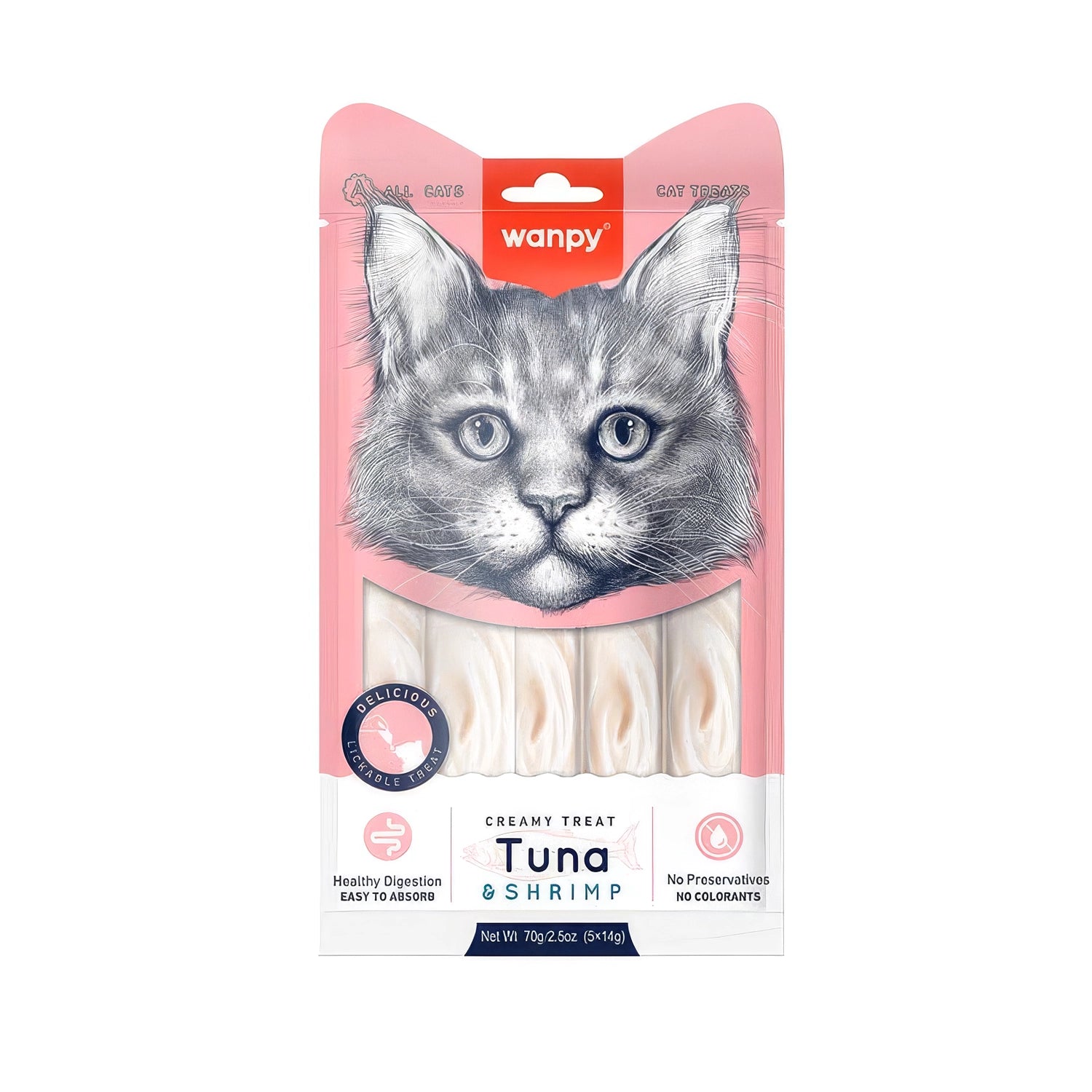 Snack Wanpy "Creamy Treat" Atún y Camarón para Gatos, pack de 5 sobres cremosos de fácil digestión y sin preservantes.