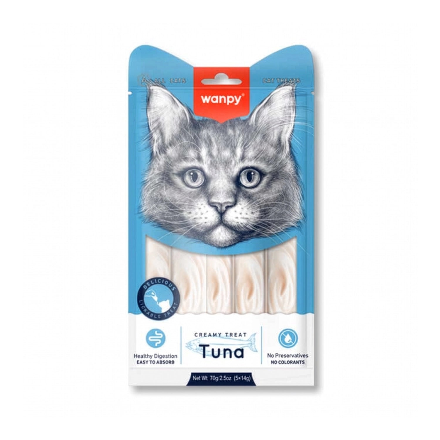 Snack Wanpy "Creamy Treat" Atún para Gatos en envase azul con 5 tubos cremosos de 14 g, sin conservantes ni colorantes.