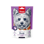 Snack Wanpy "Jerky Strips" Pato para perros, bolsa morada de 100 g con snacks de pato y llamativa ilustración de perro.