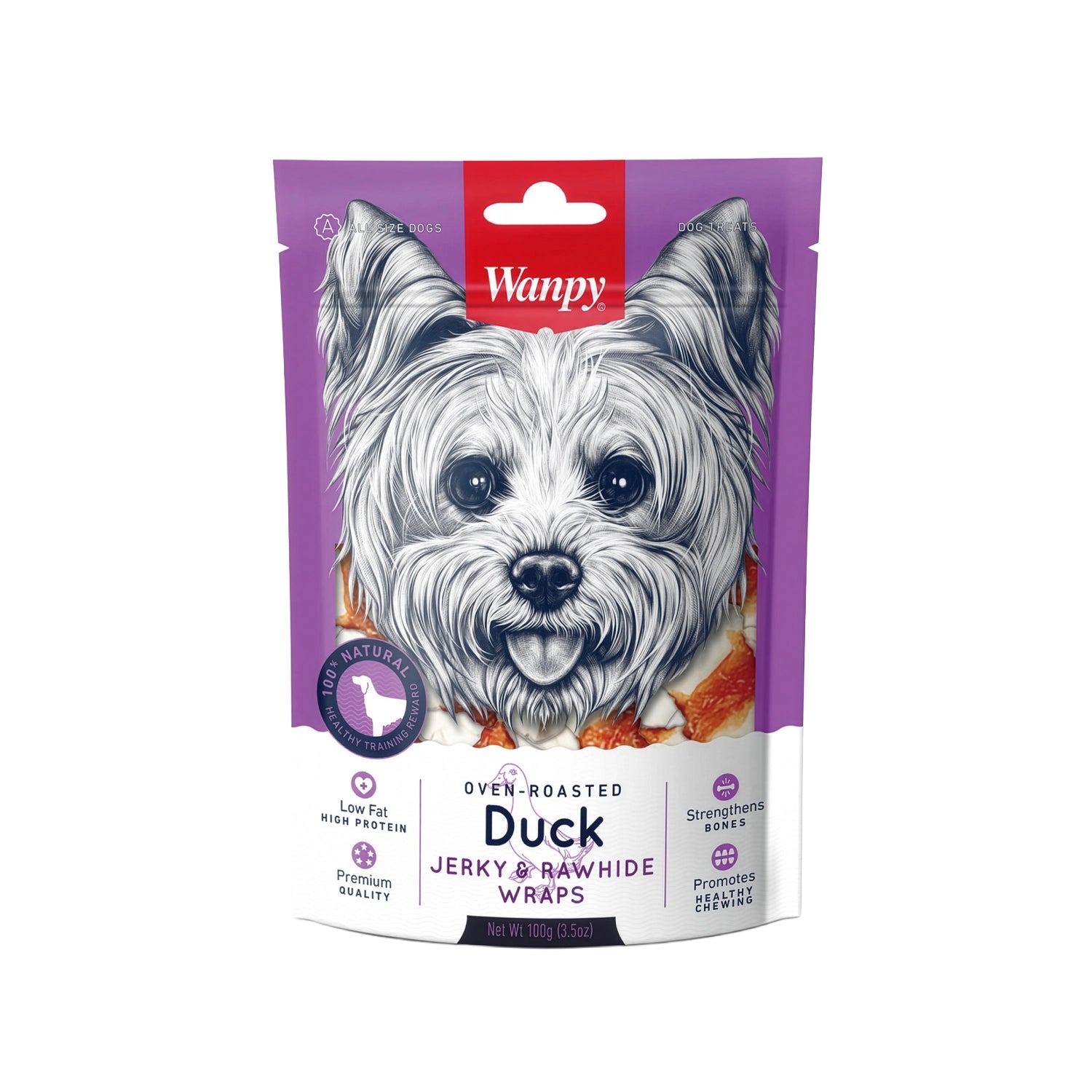 Snack Wanpy "Jerky Strips" Pato para perros, bolsa morada de 100 g con snacks de pato y llamativa ilustración de perro.