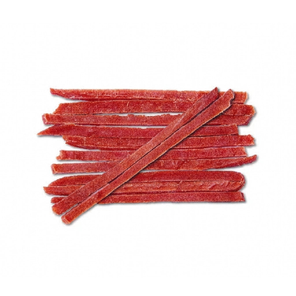 Snack Wanpy "Jerky Strips" Pato para perros, bolsa morada de 100 g con snacks de pato y llamativa ilustración de perro.