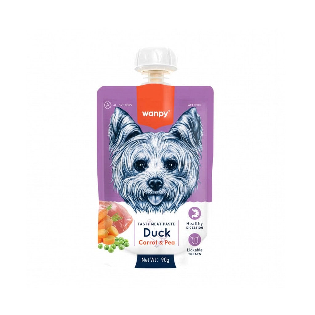 Wanpy Tasty Meat Paste Pato para Perros, snack húmedo y lamible con zanahoria y arvejas, presentado en práctico pouch de 90 g.