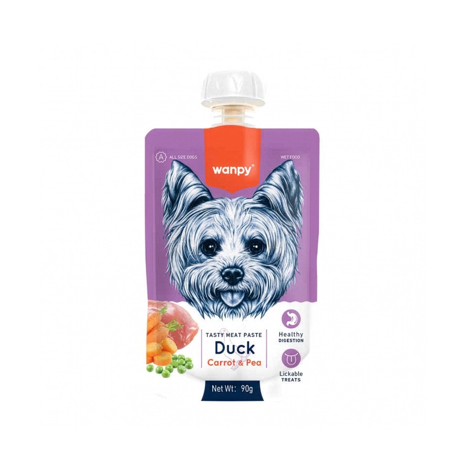 Wanpy Tasty Meat Paste Pato para Perros, snack húmedo y lamible con zanahoria y arvejas, presentado en práctico pouch de 90 g.