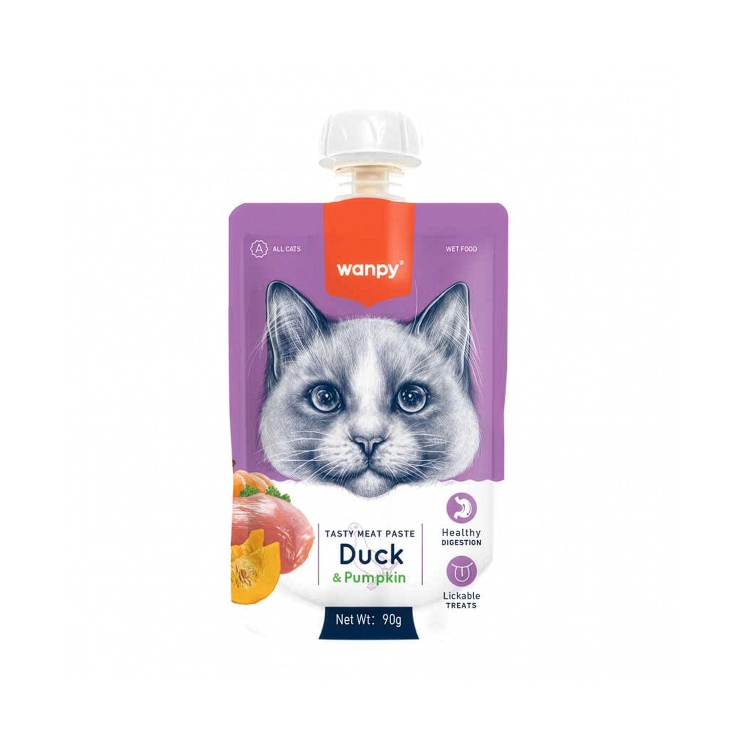 Wanpy Tasty Meat Paste Pato para Gatos en pouch de 90 g, con pato y calabaza, alimento húmedo cremoso y fácil de lamer.