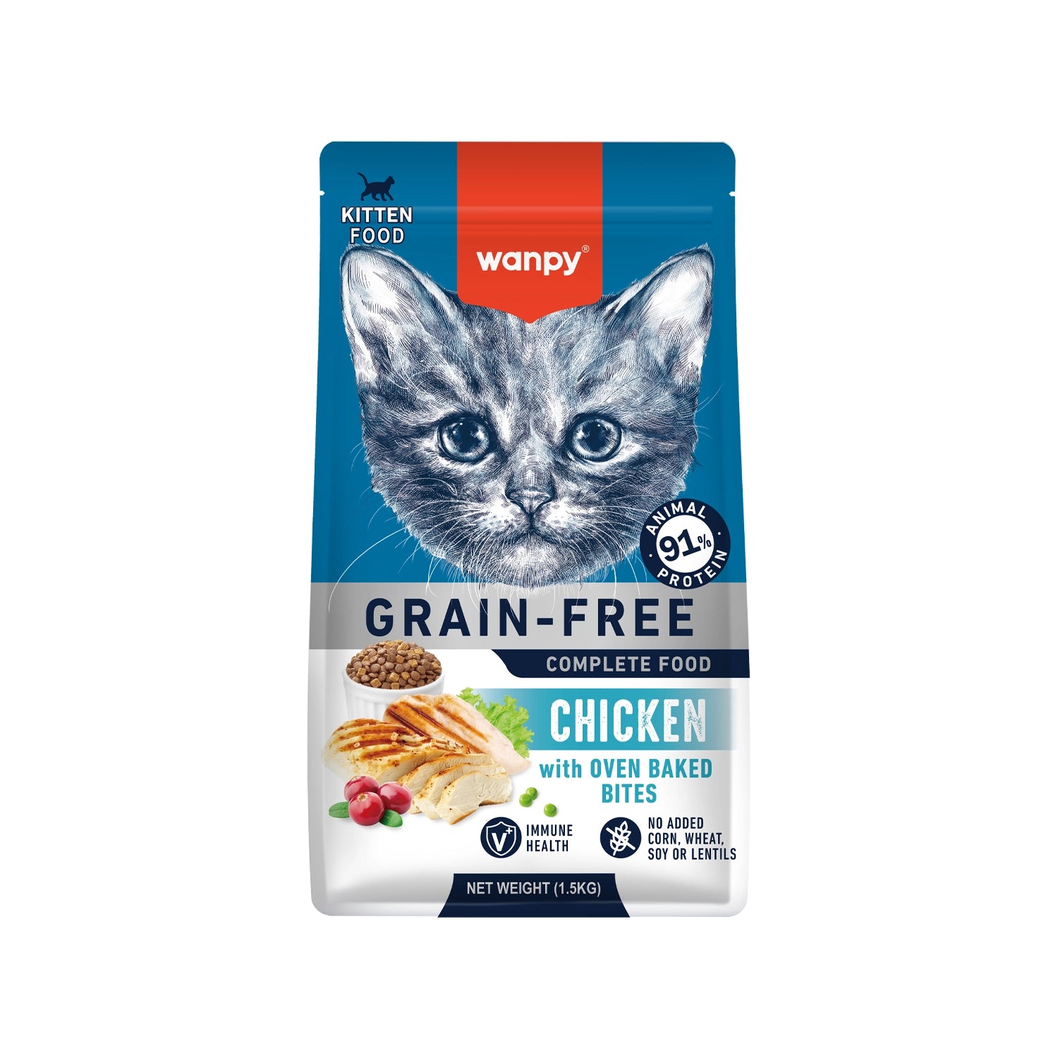 Wanpy Alimento Pollo para Gatitos, fórmula grain free con 91% de proteína animal, pollo y bocados horneados en bolsa de 1,5 kg.
