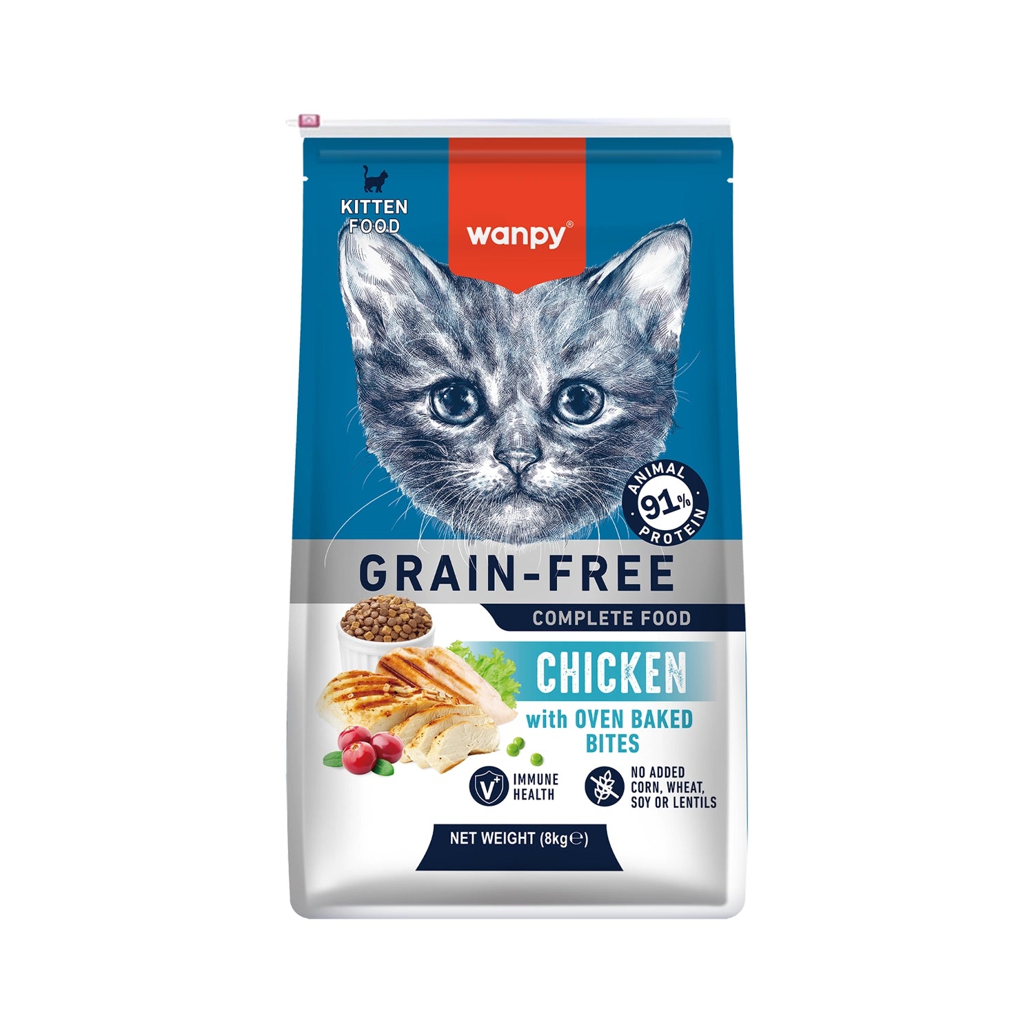 Wanpy Alimento Pollo para Gatitos, fórmula grain free con 91% de proteína animal, pollo y bocados horneados en bolsa de 8 kg.