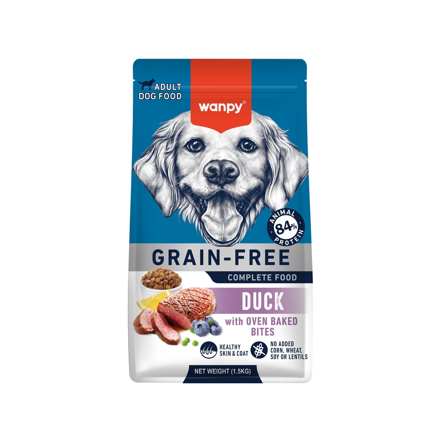 Wanpy Alimento Pato para Perros adultos, fórmula grain free con 84% de proteína animal y bocados horneados, bolsa de 1,5 kg.
